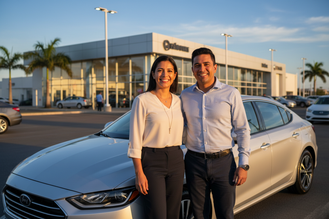 Pareja hondureña comprando auto con financiamiento bancario en concesionaria
